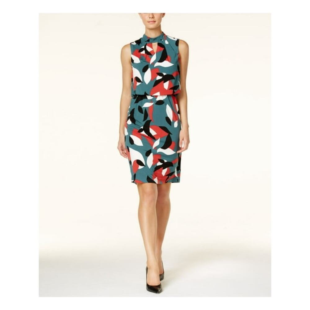 Nine West Patina Green Geo Abstract Blouson Sleeveless Sheath Dress Size 12
